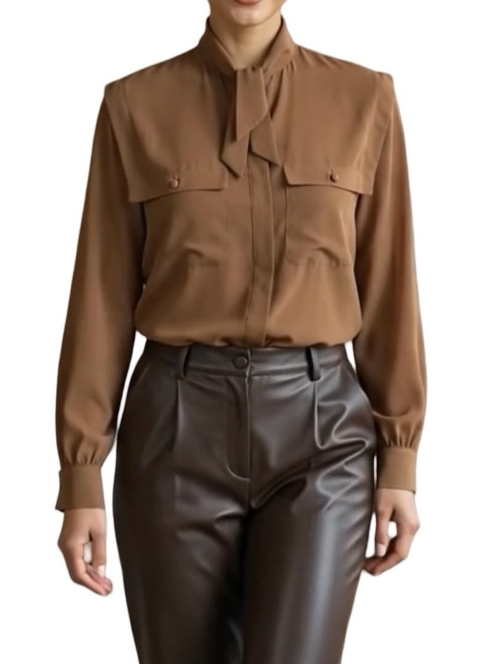 Chiffon Blouse Collar Tie Covered Front Placket Two Pockets M